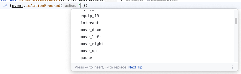 Action name completion